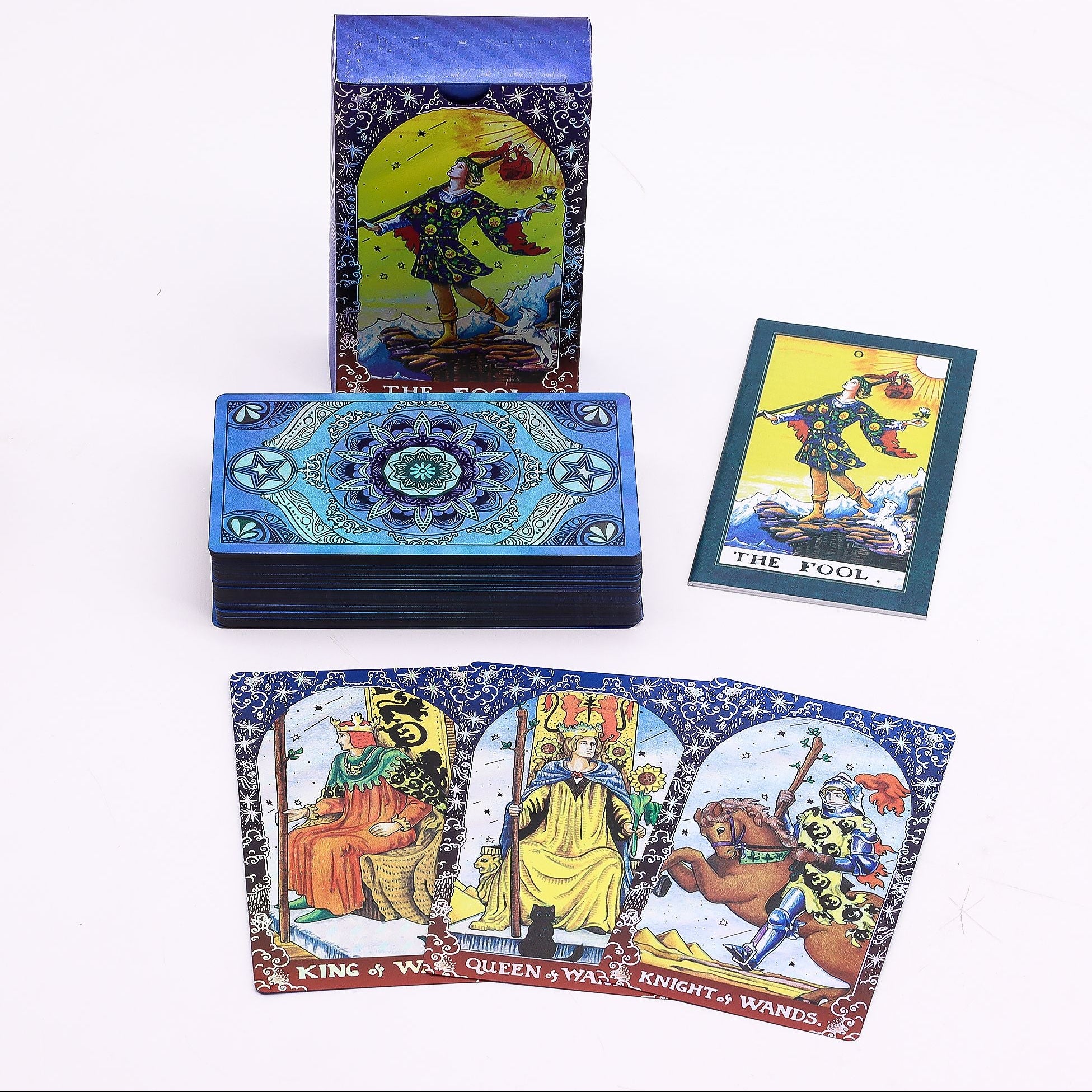 Collection of tarot cards with colorful designs and characters on a white background