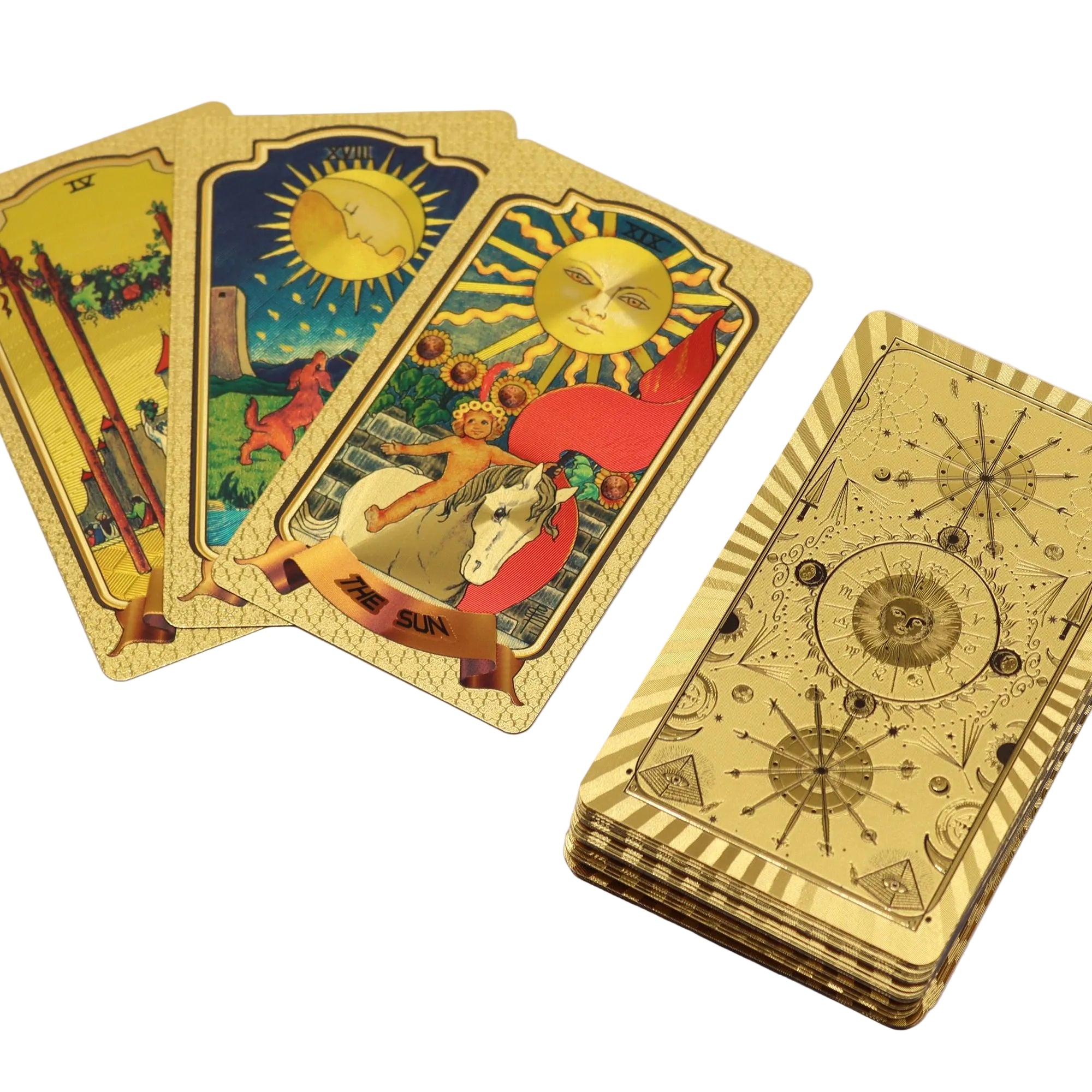 Gold tarot cards with intricate designs on a white background