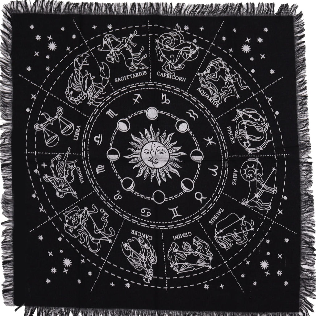 Black blanket with white zodiac symbols and design on a white background