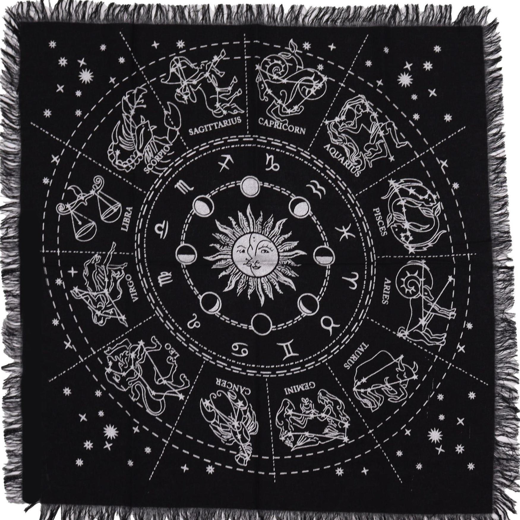 Black blanket with white zodiac symbols and design on a white background
