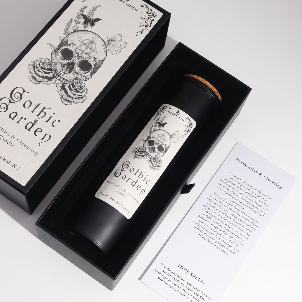 Gothic Garden candle in a decorative box with skull and floral design