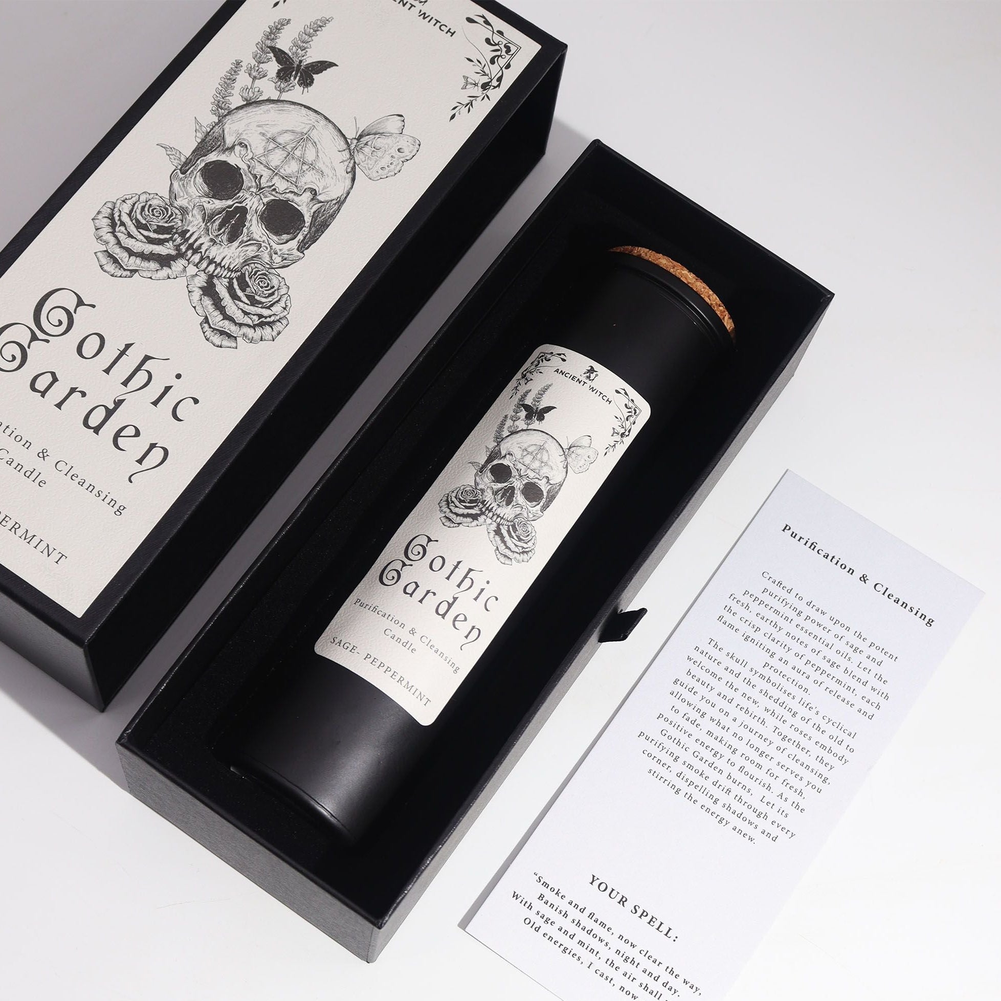 Gothic Garden candle in a decorative box with skull and floral design