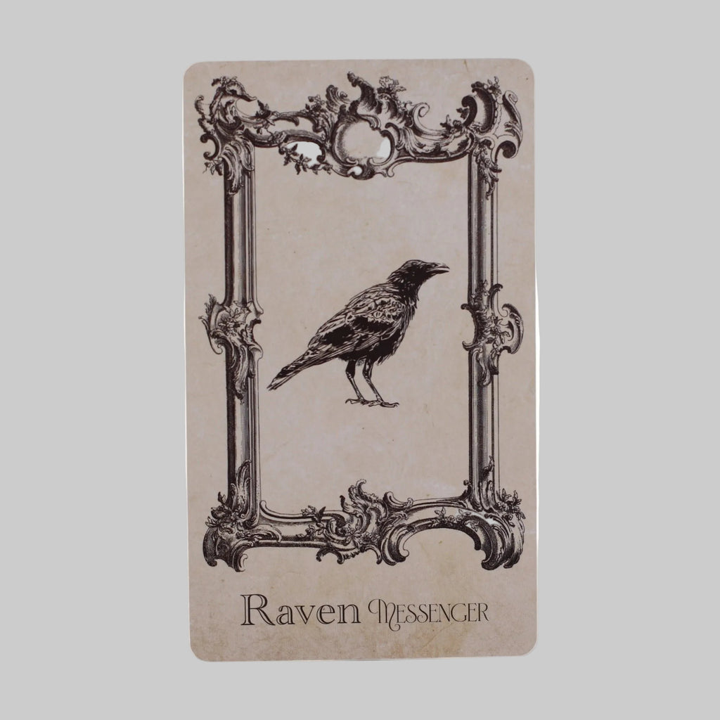 Notebook with a crow illustration and decorative frame on beige paper