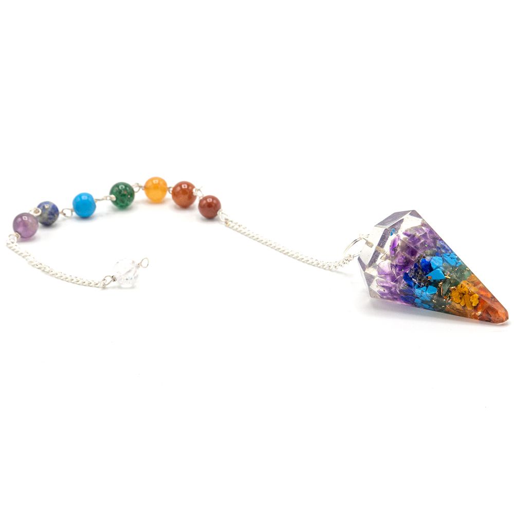 Crystal pendulum with colorful beads on a white background
