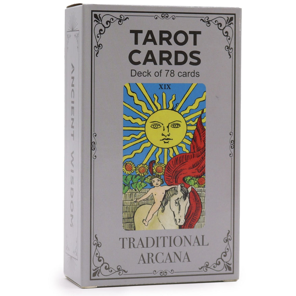 Tarot card deck packaging with a colorful card illustration on a white background