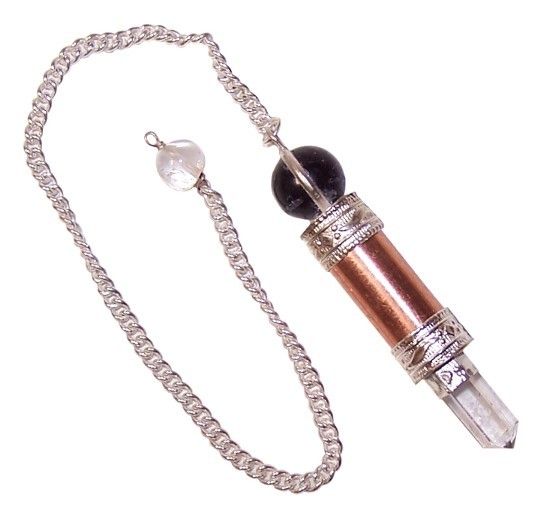 Crystalpendulum with chain on a white background