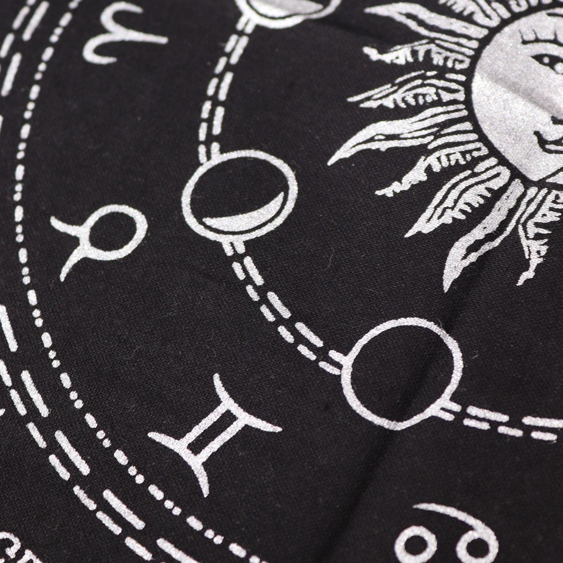 Black fabric with white astrological symbols and signs.