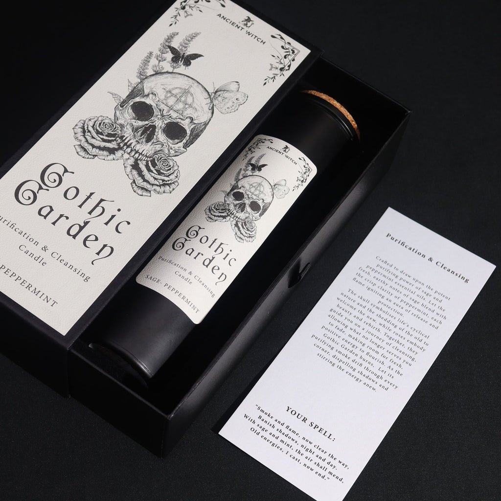 Gothic Garden candle packaging with skull design on a black background