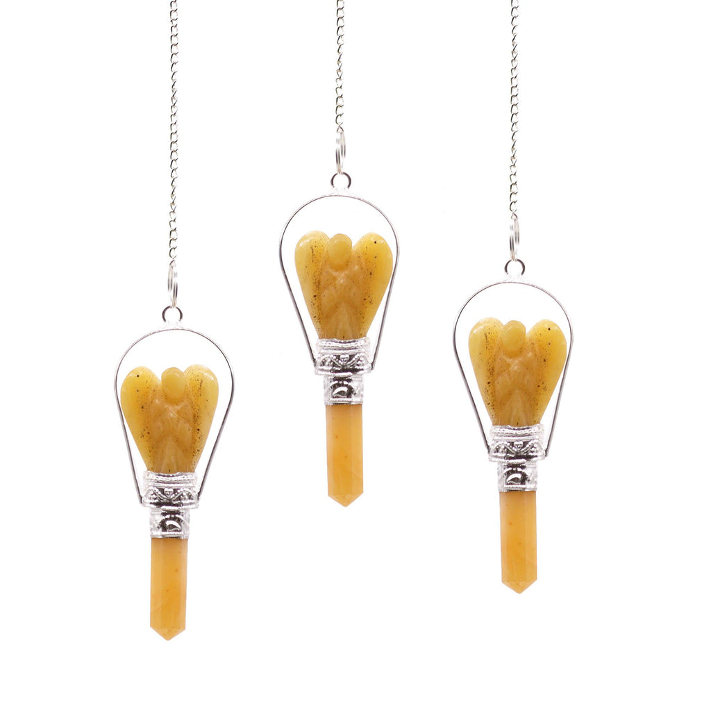Three pendant necklaces with yellow and silver designs on a white background