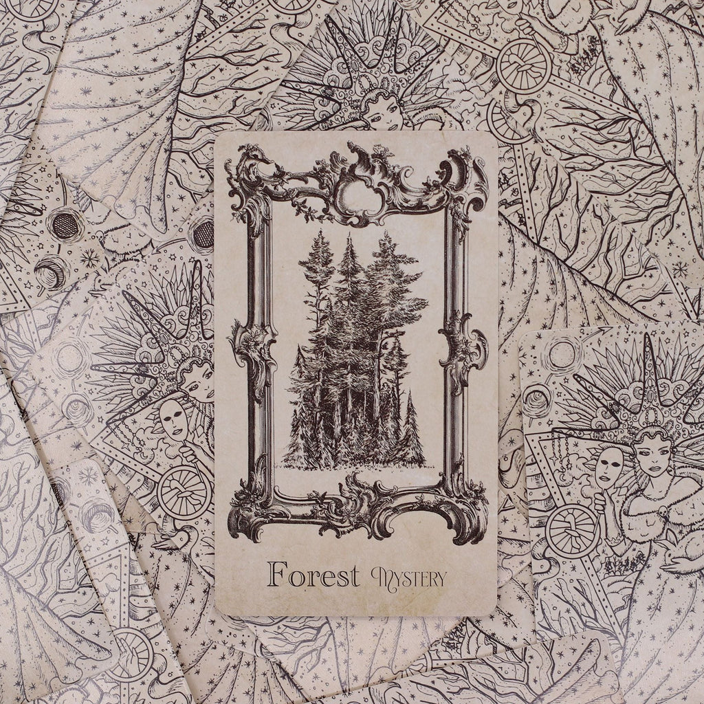 Vintage-style card with a forest illustration on a decorative background