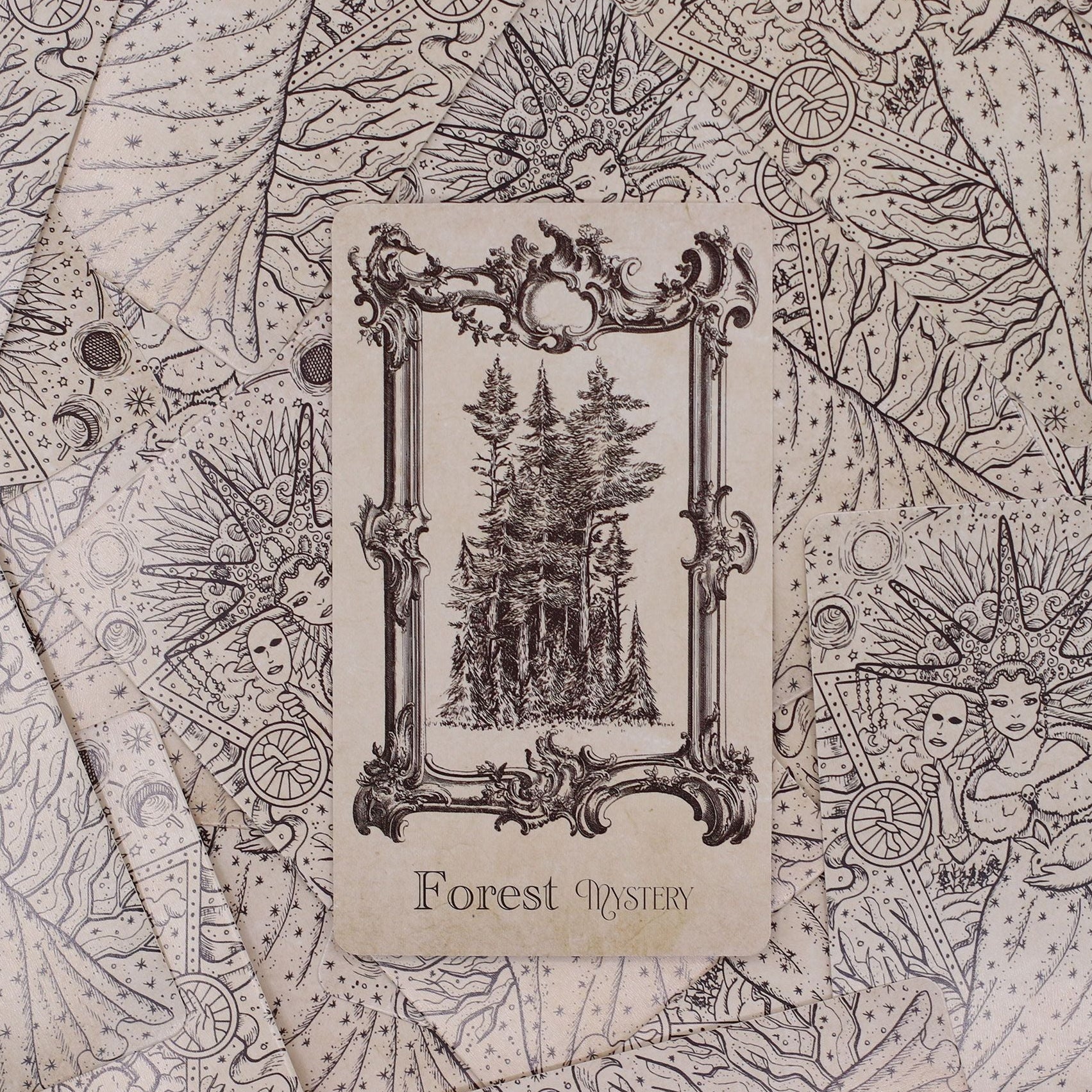 Vintage-style card with a forest illustration on a decorative background