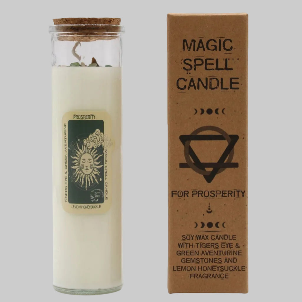 Magic spell candle for prosperity with packaging on a white background
