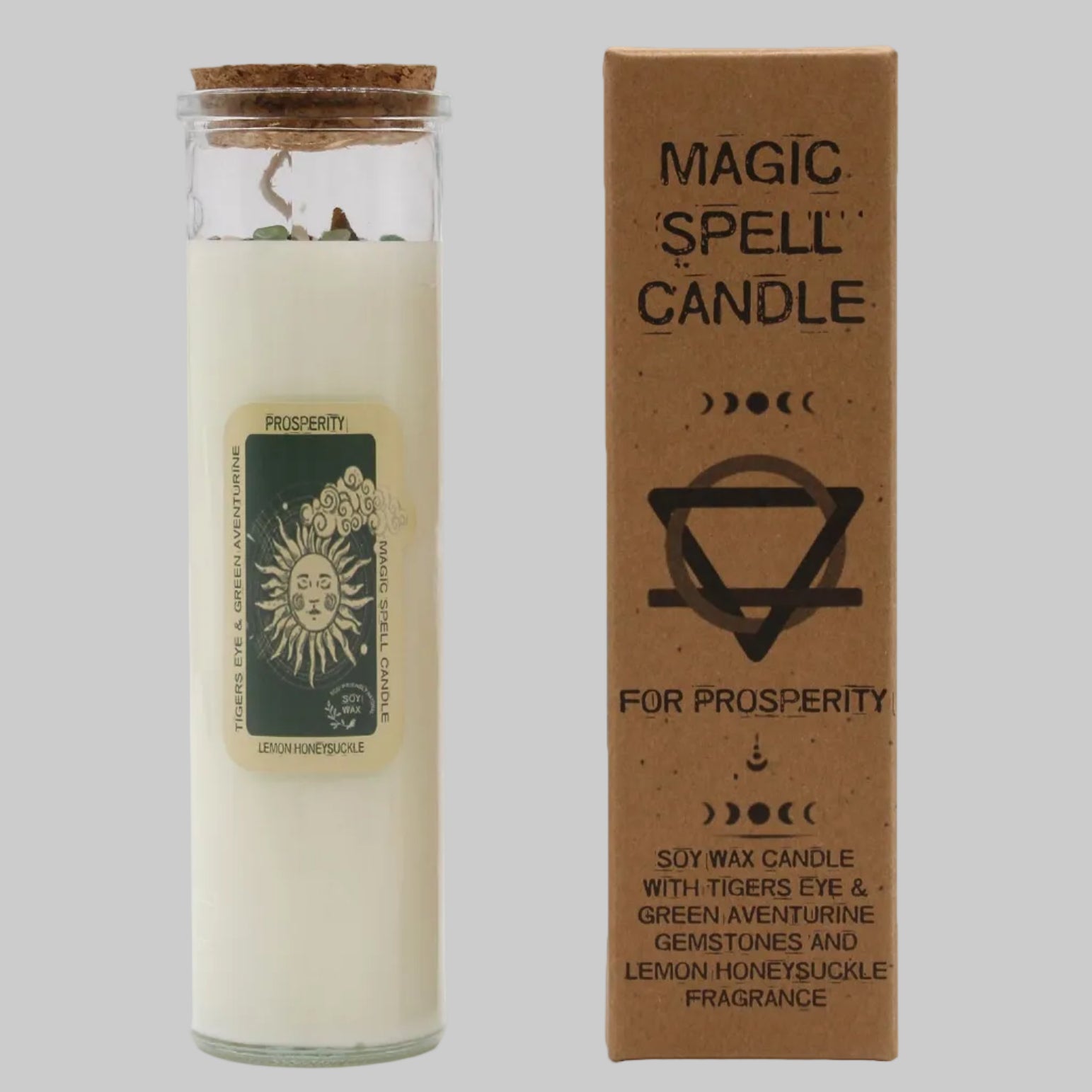 Magic spell candle for prosperity with packaging on a white background