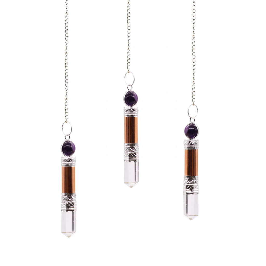 Three pendant necklaces with clear cylindrical beads and purple beads on a white background
