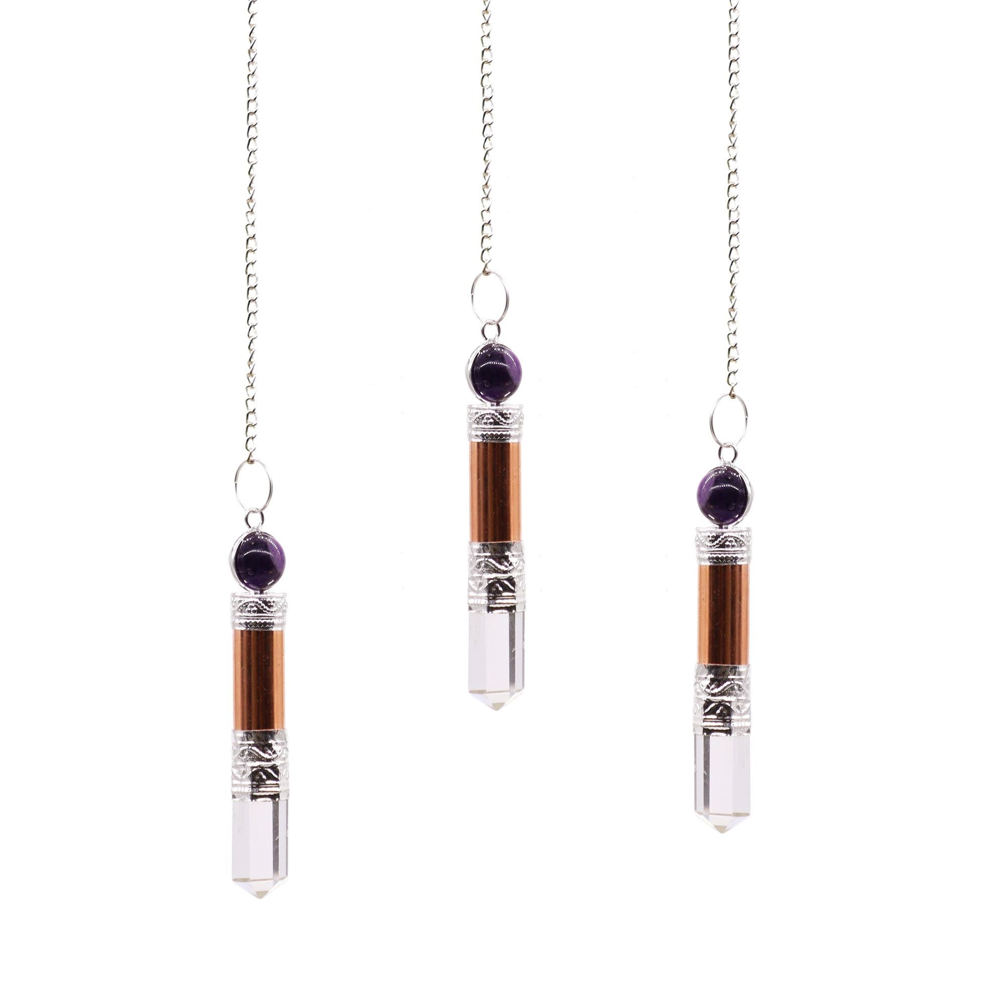 Three pendant necklaces with clear cylindrical beads and purple beads on a white background