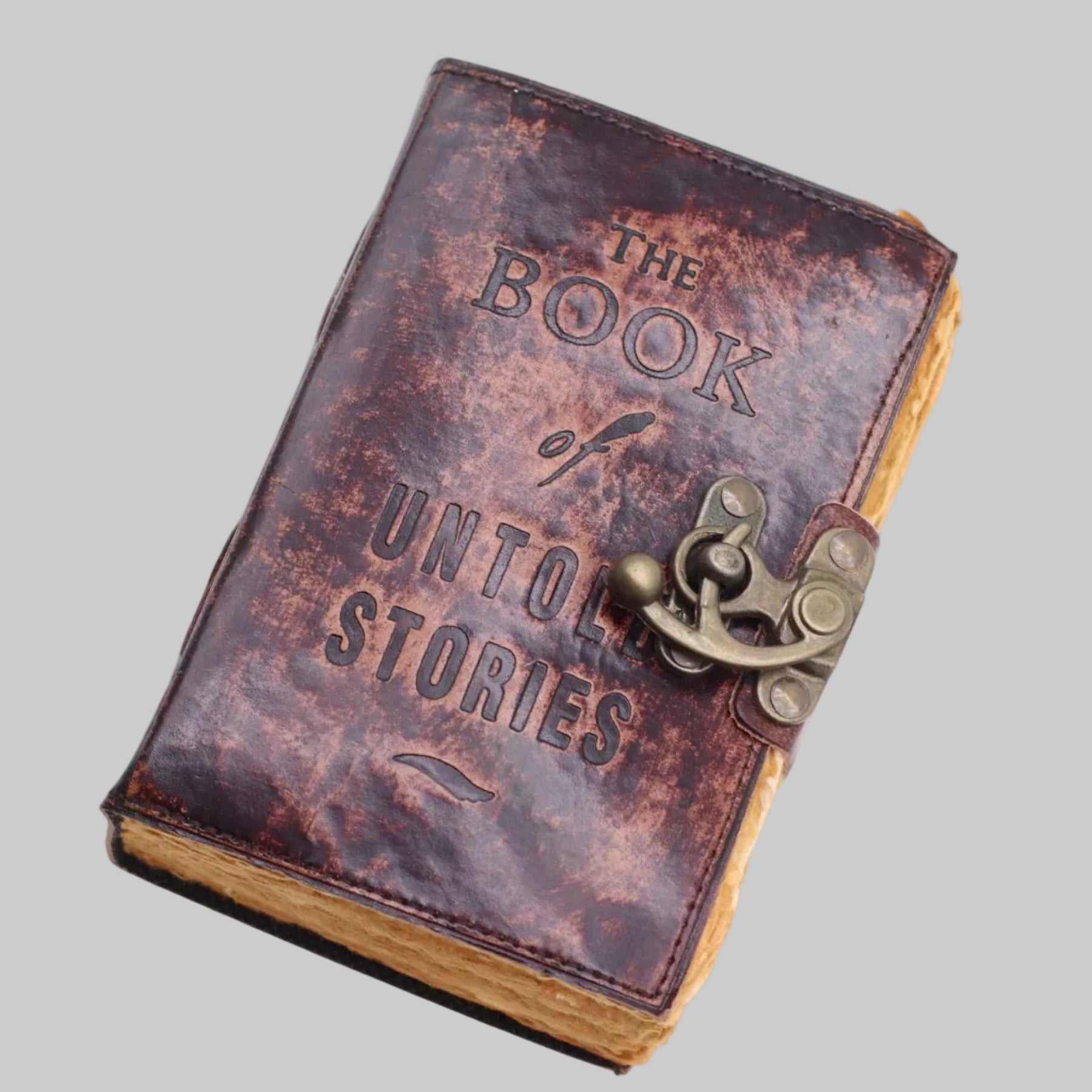Vintage-style leather-bound book with 'The Book of Untold Stories' on a white background
