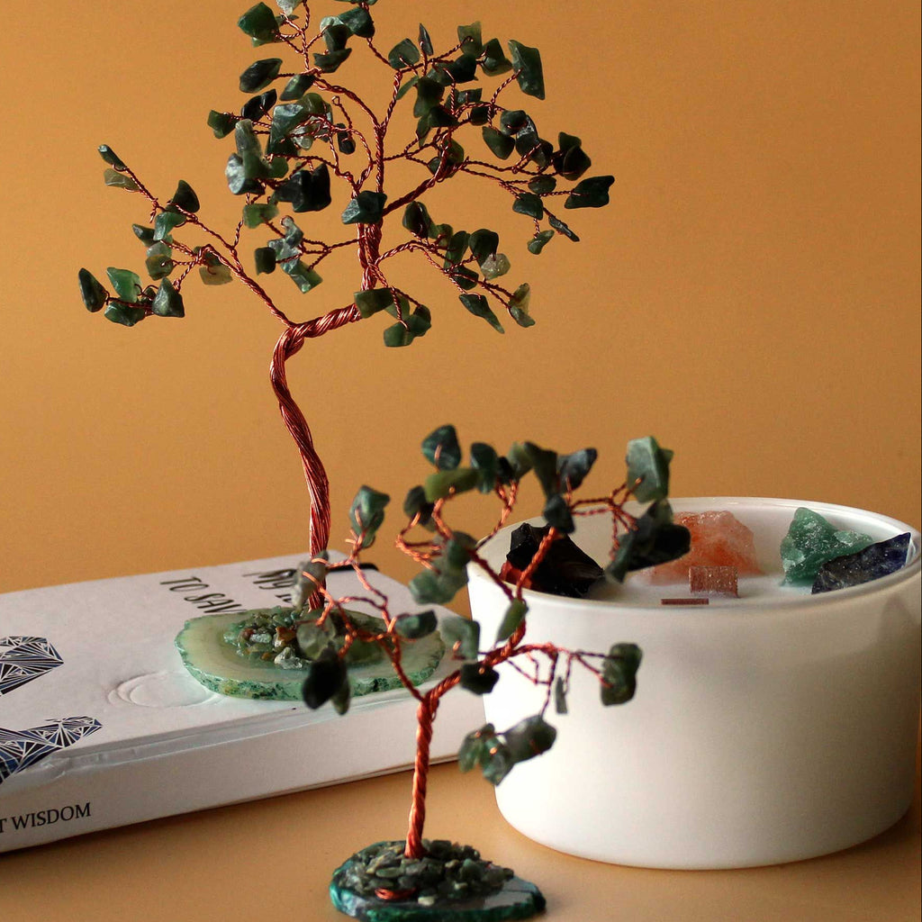 Small decorative tree with green leaves on a brown surface next to a book and a white container.