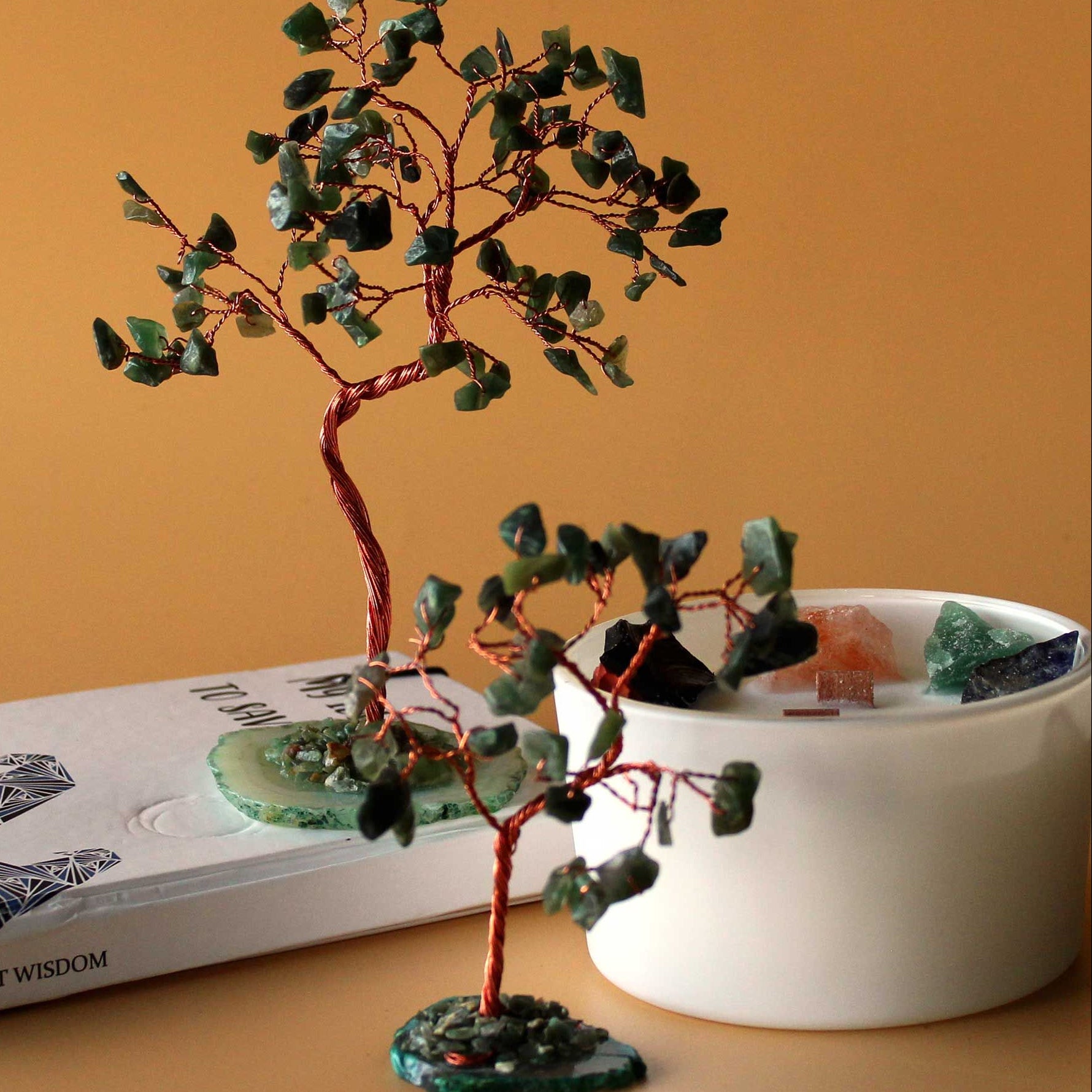 Small decorative tree with green leaves on a brown surface next to a book and a white container.