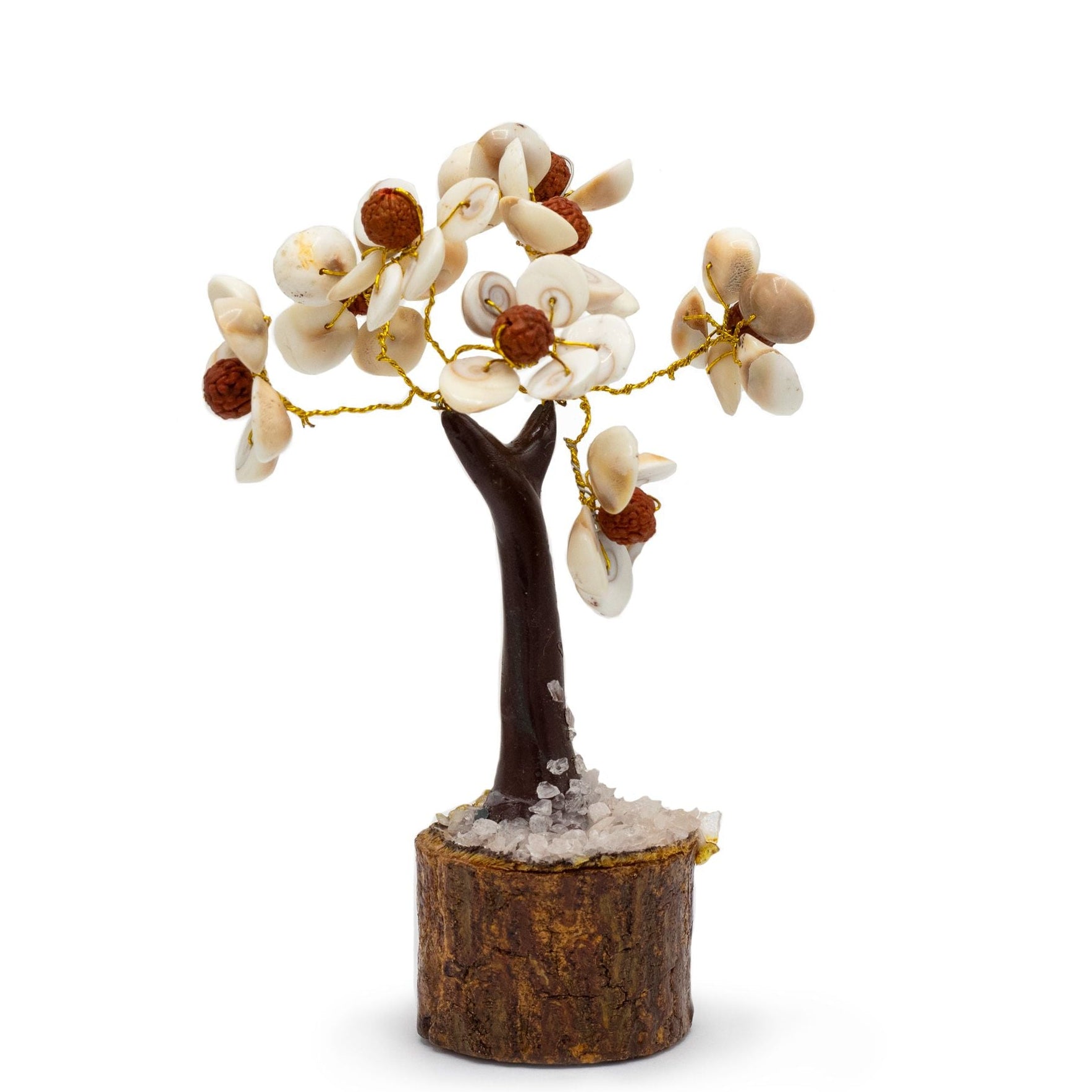 Decorative tree with white flowers and brown buds on a white background