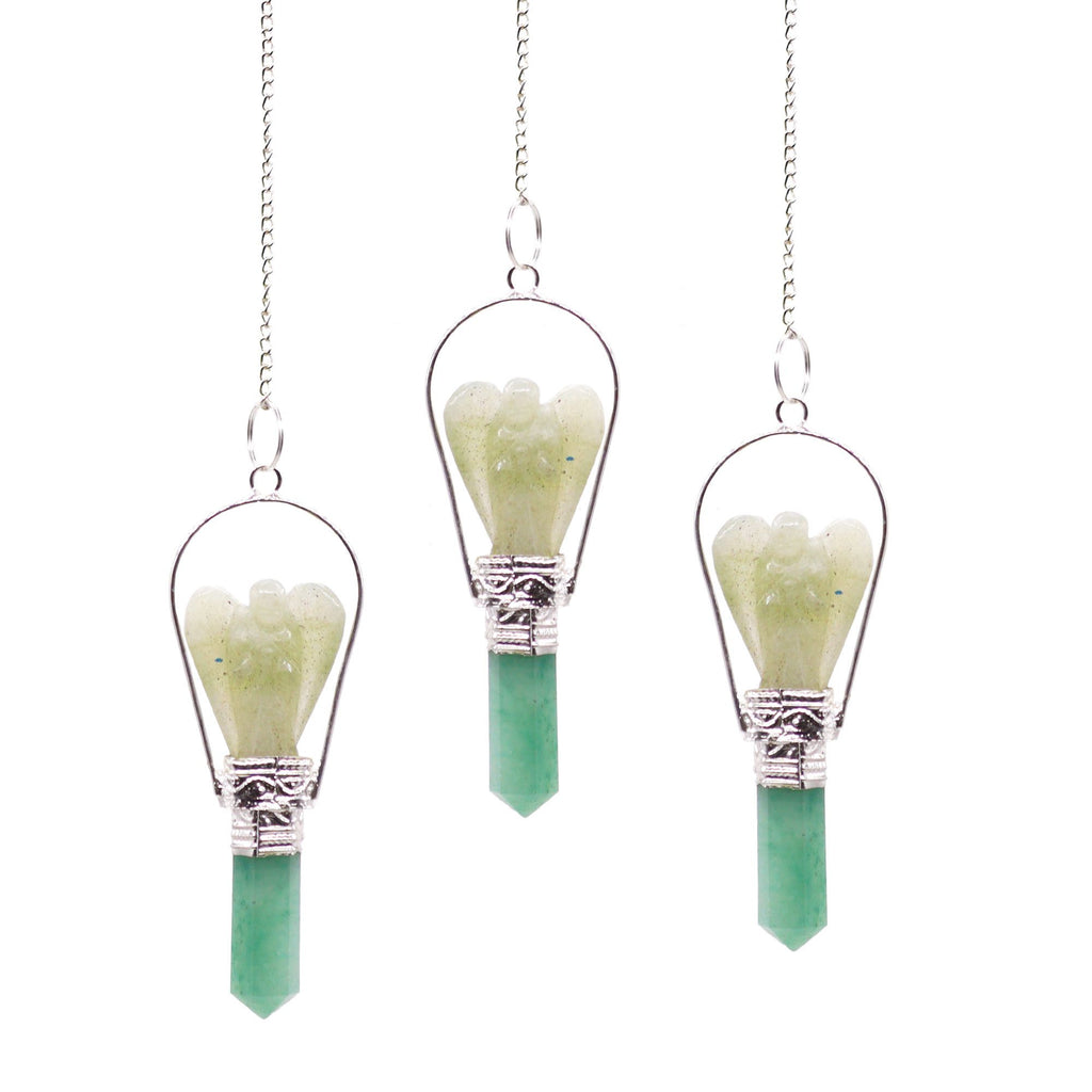 Three green crystal pendants on silver chains against a white background