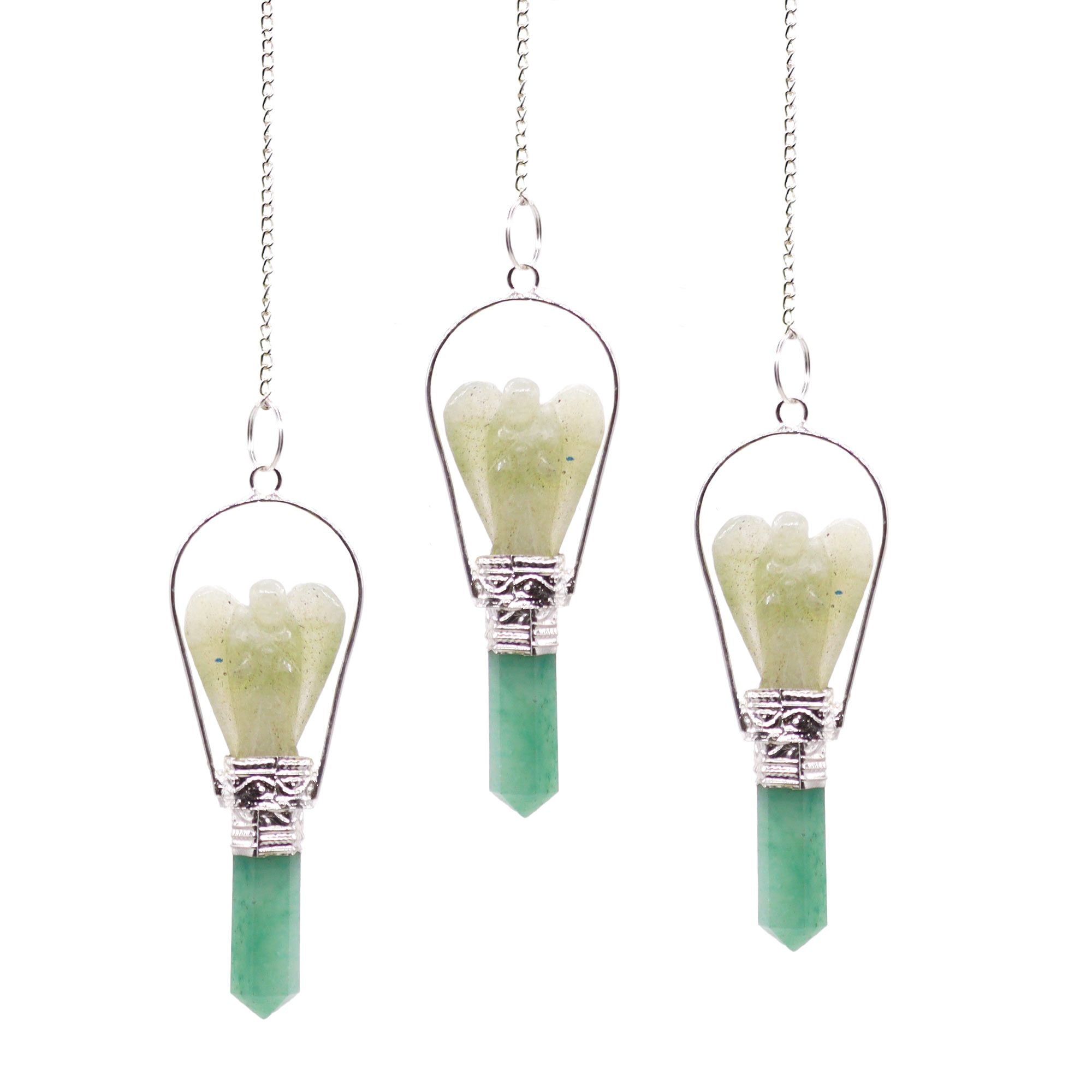 Three green crystal pendants on silver chains against a white background