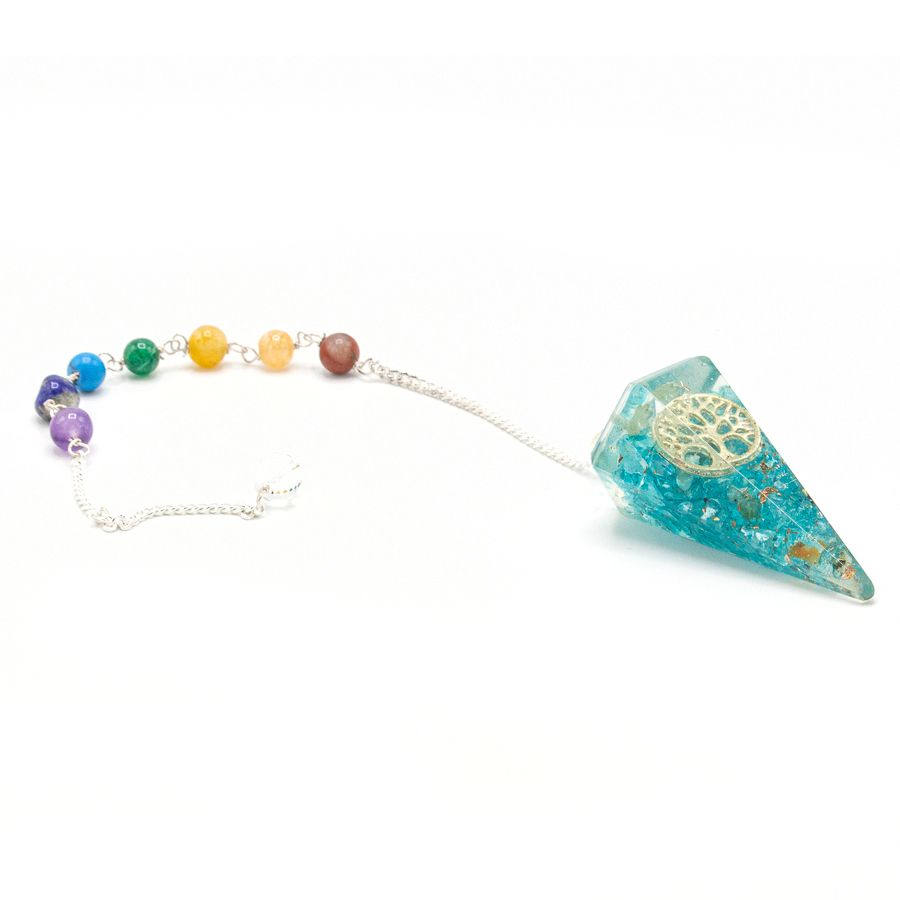 Turquoise crystal pendulum with colorful beads on a white background