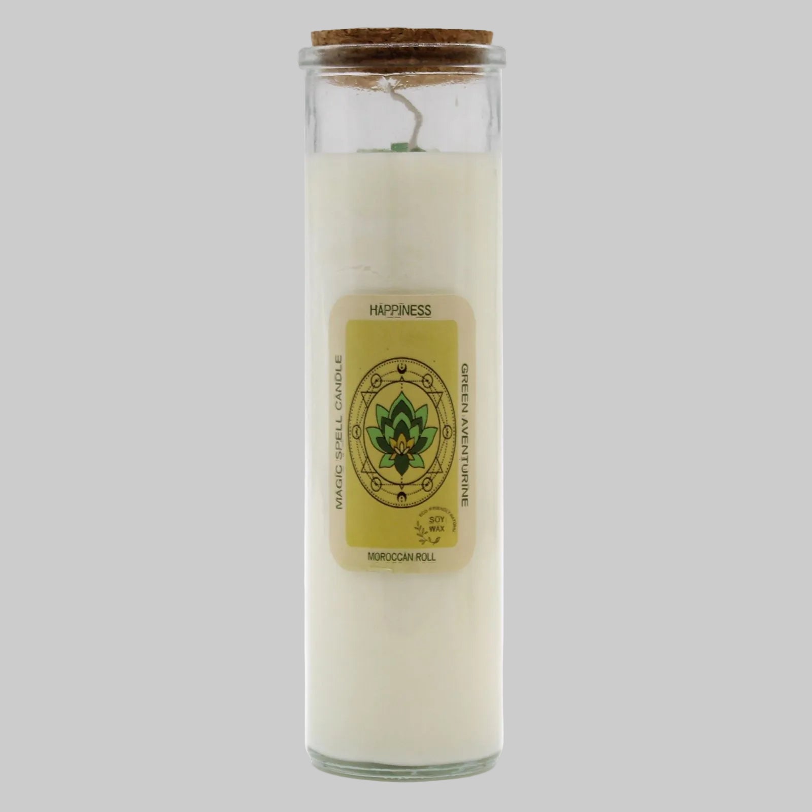 Glass candle with a label on a white background