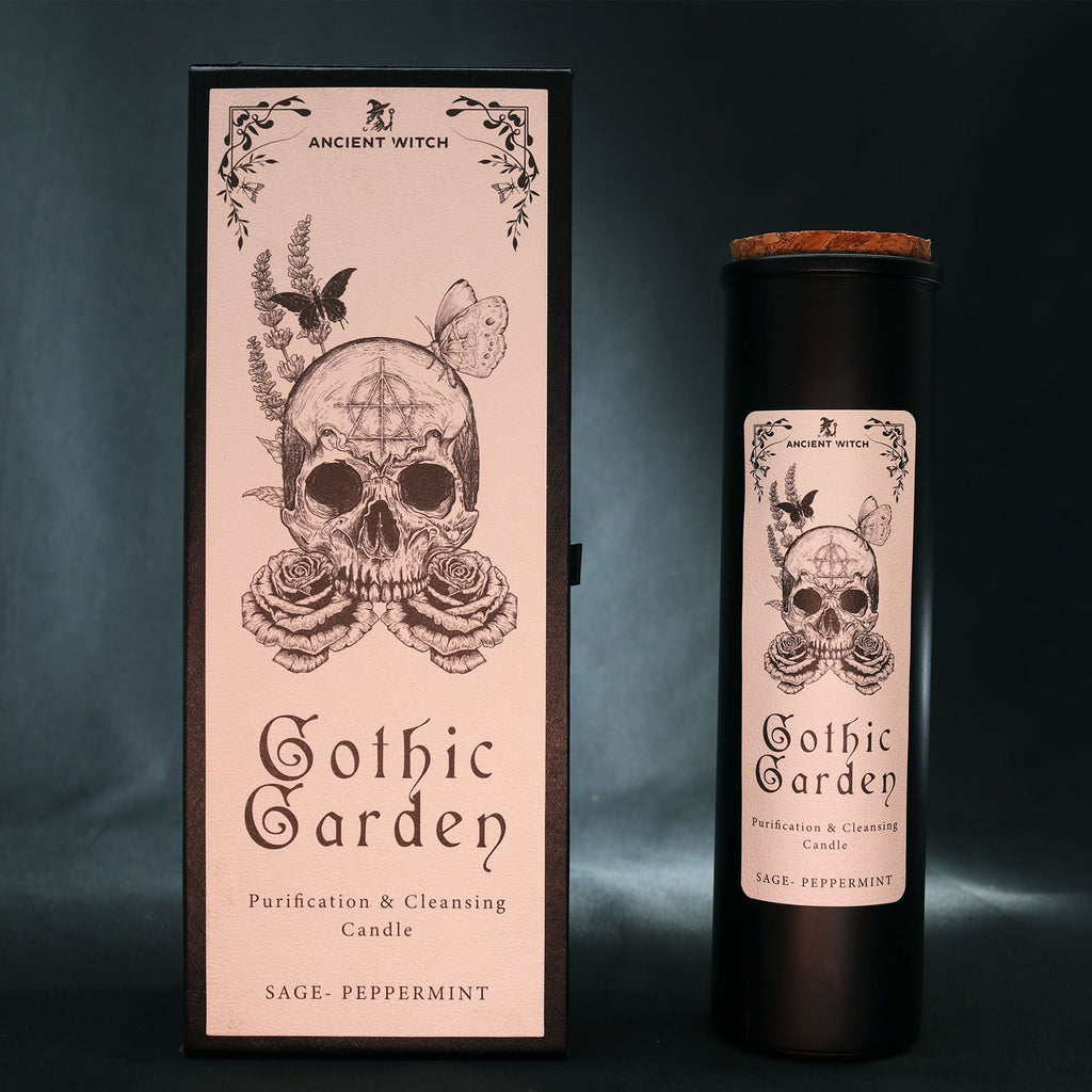 Gothic Garden candle packaging with skull design on a dark background