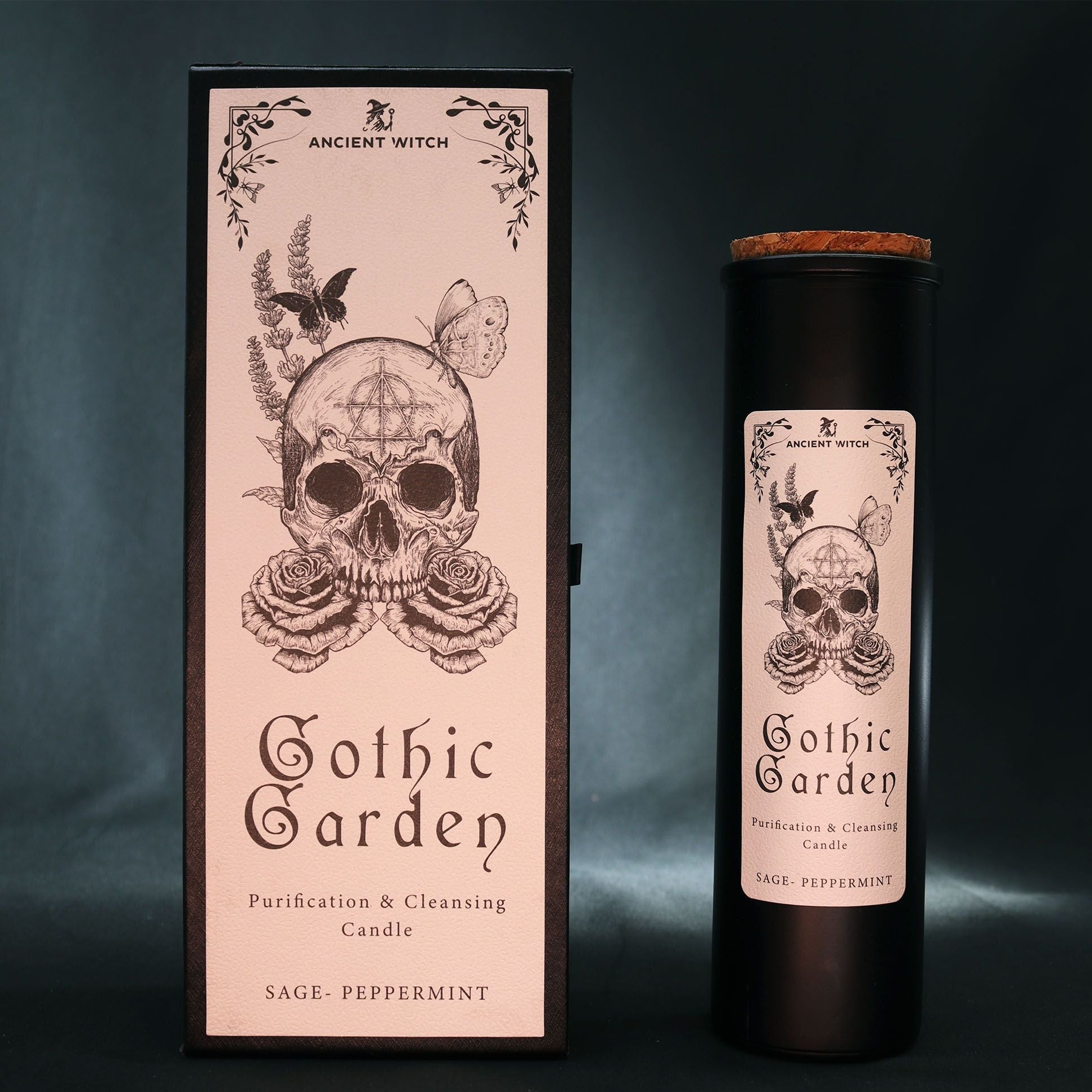 Gothic Garden candle packaging with skull design on a dark background
