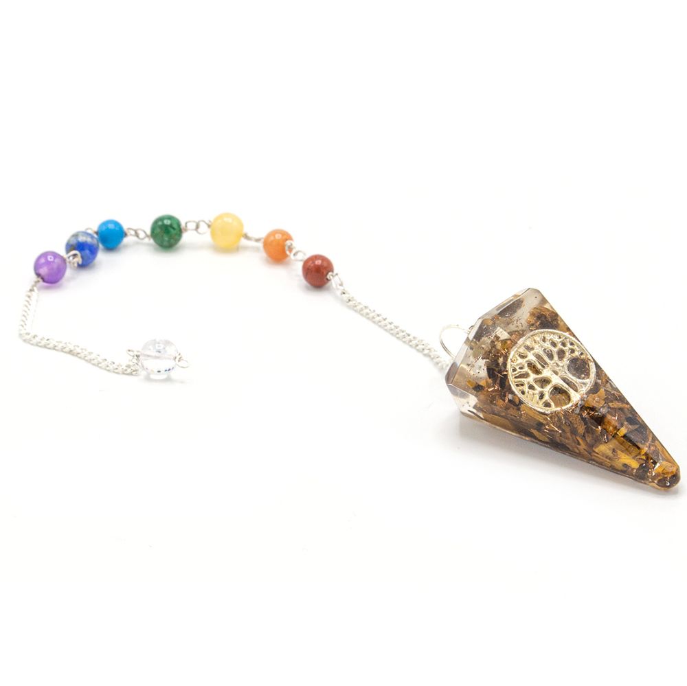 Crystal pendulum with chakra beads on a white background