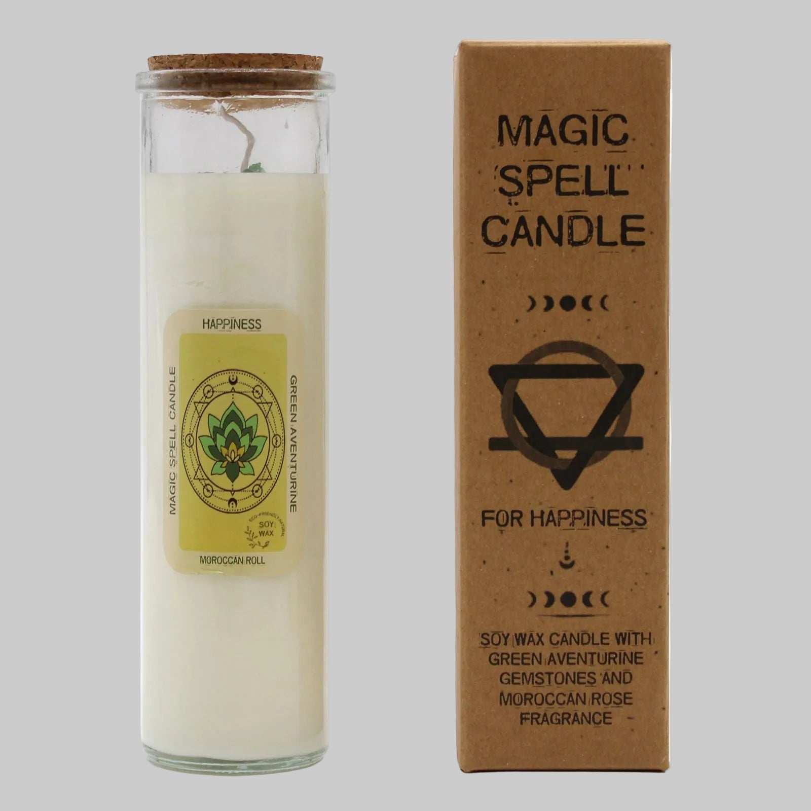 Magic spell candle with cork lid and packaging on a white background