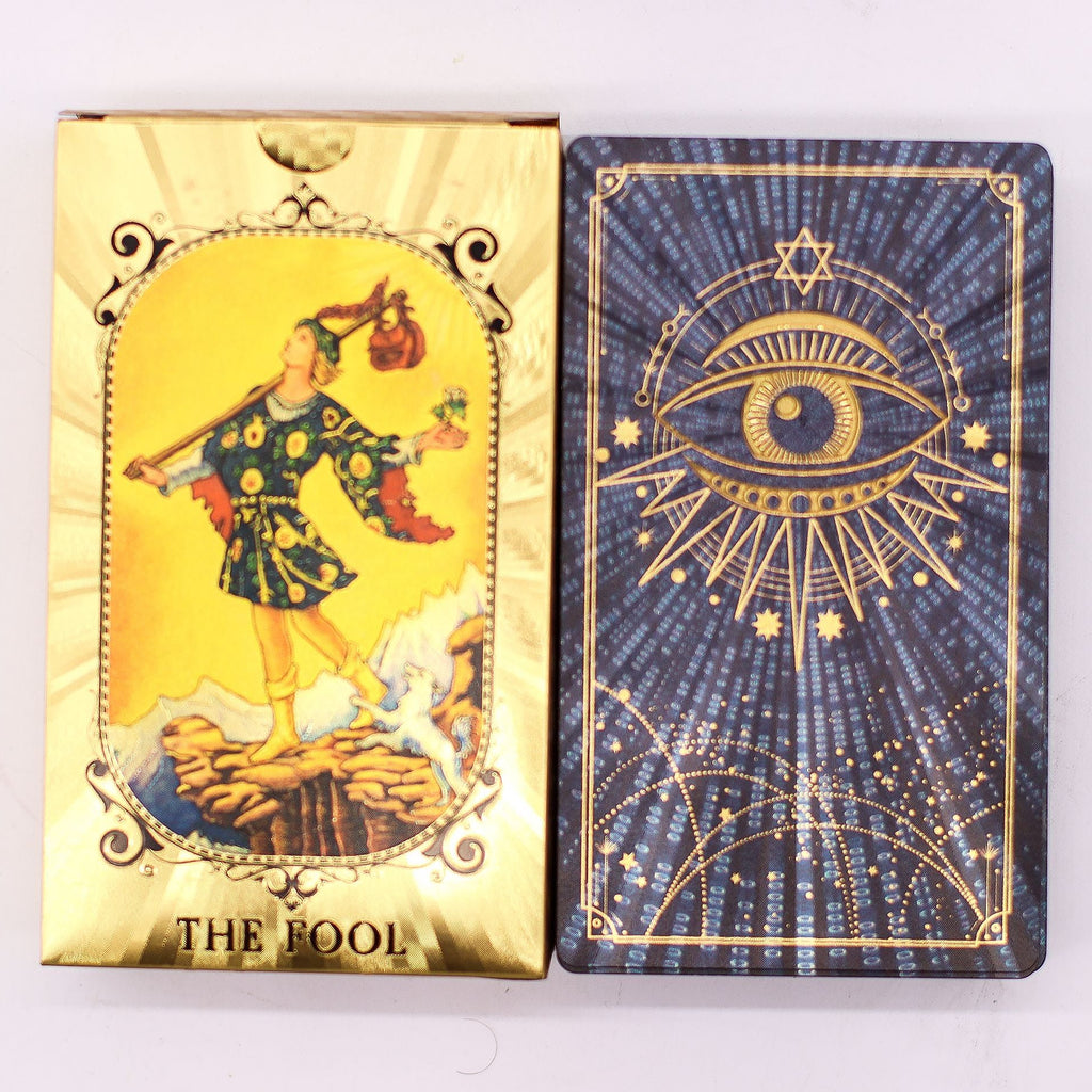 Two tarot cards, one gold and one blue, with intricate designs and text on a white background.