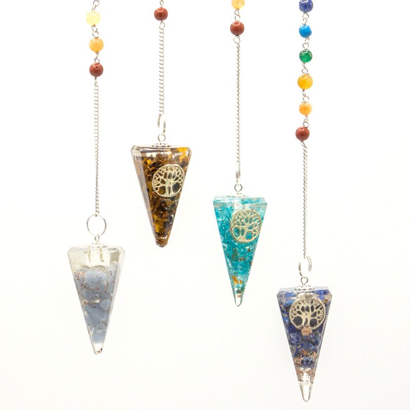 Set of four triangular crystal pendants with colorful beads on a white background