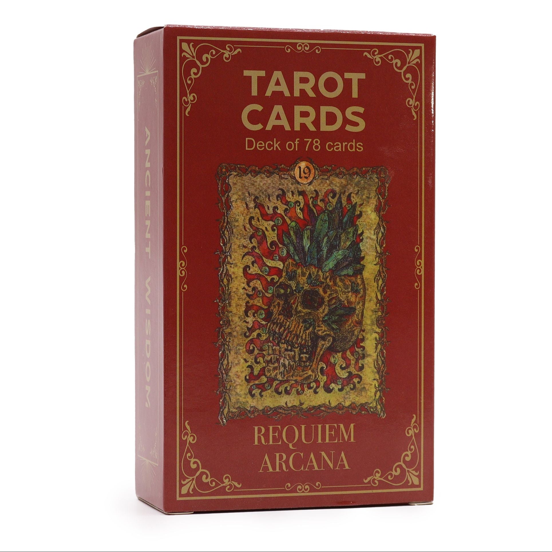 Red box of Tarot Cards with decorative design and text on a white background