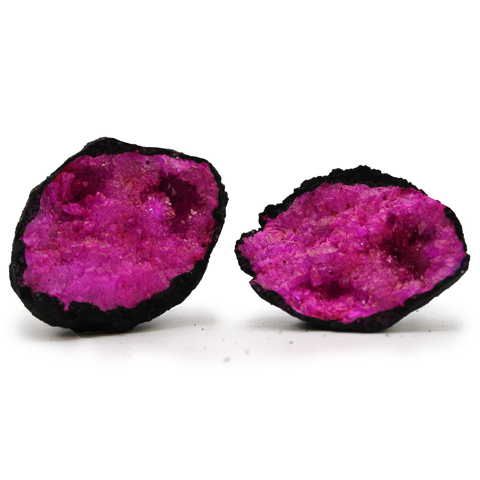 Pair of purple geode earrings on a white background