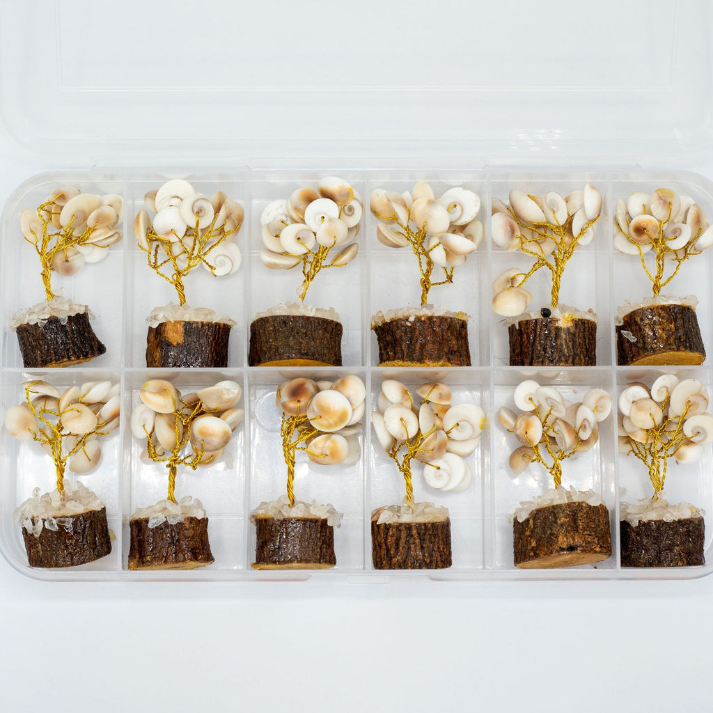 Small tree-shaped desserts with white and gold decorations in a clear plastic container on a white background
