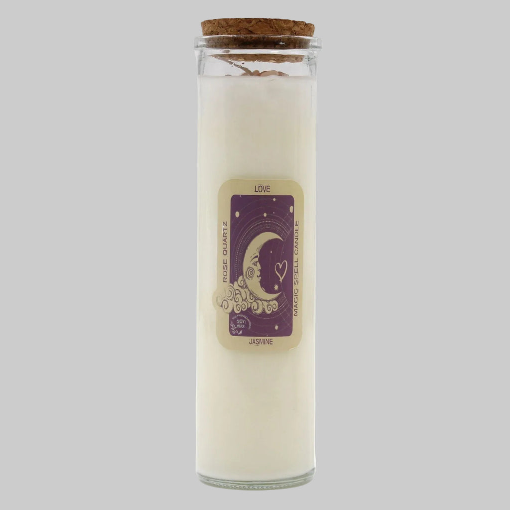 Candle in a glass jar with a cork lid and a purple label on a white background