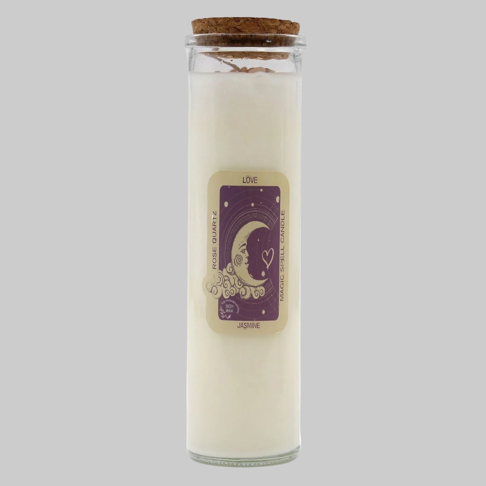 Candle in a glass jar with a cork lid and a purple label on a white background