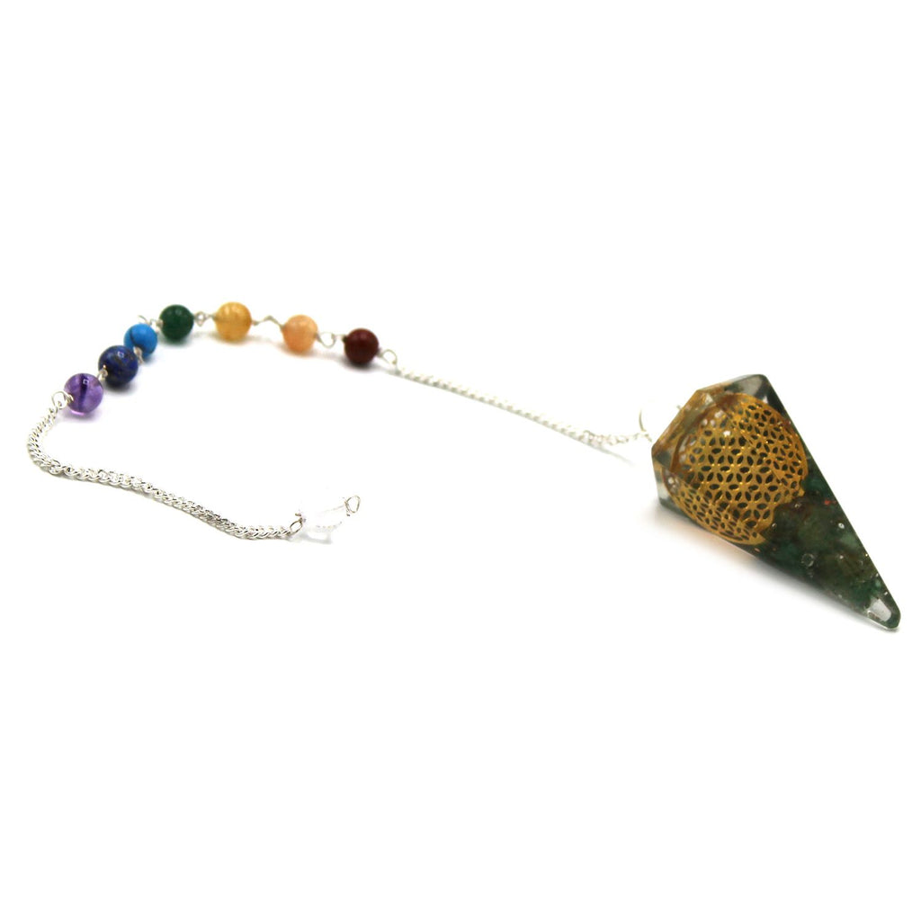 Decorative pendant with beads on a chain against a white background