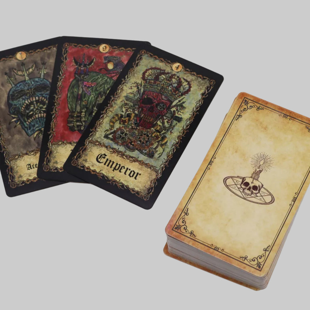 Set of tarot cards with intricate designs on a white background