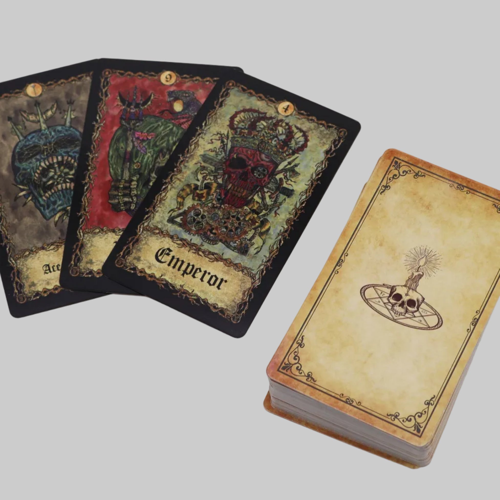 Set of tarot cards with intricate designs on a white background