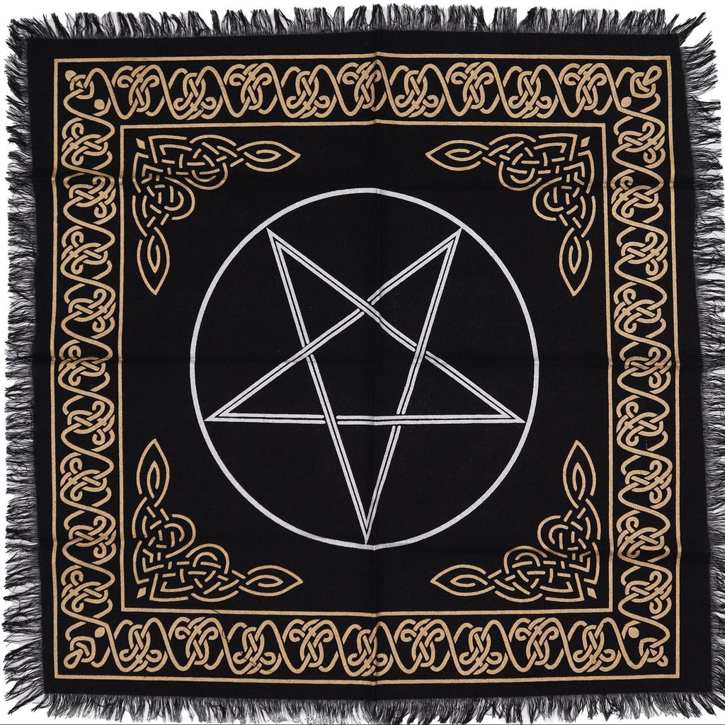 Black cloth with gold border and white pentagram symbol