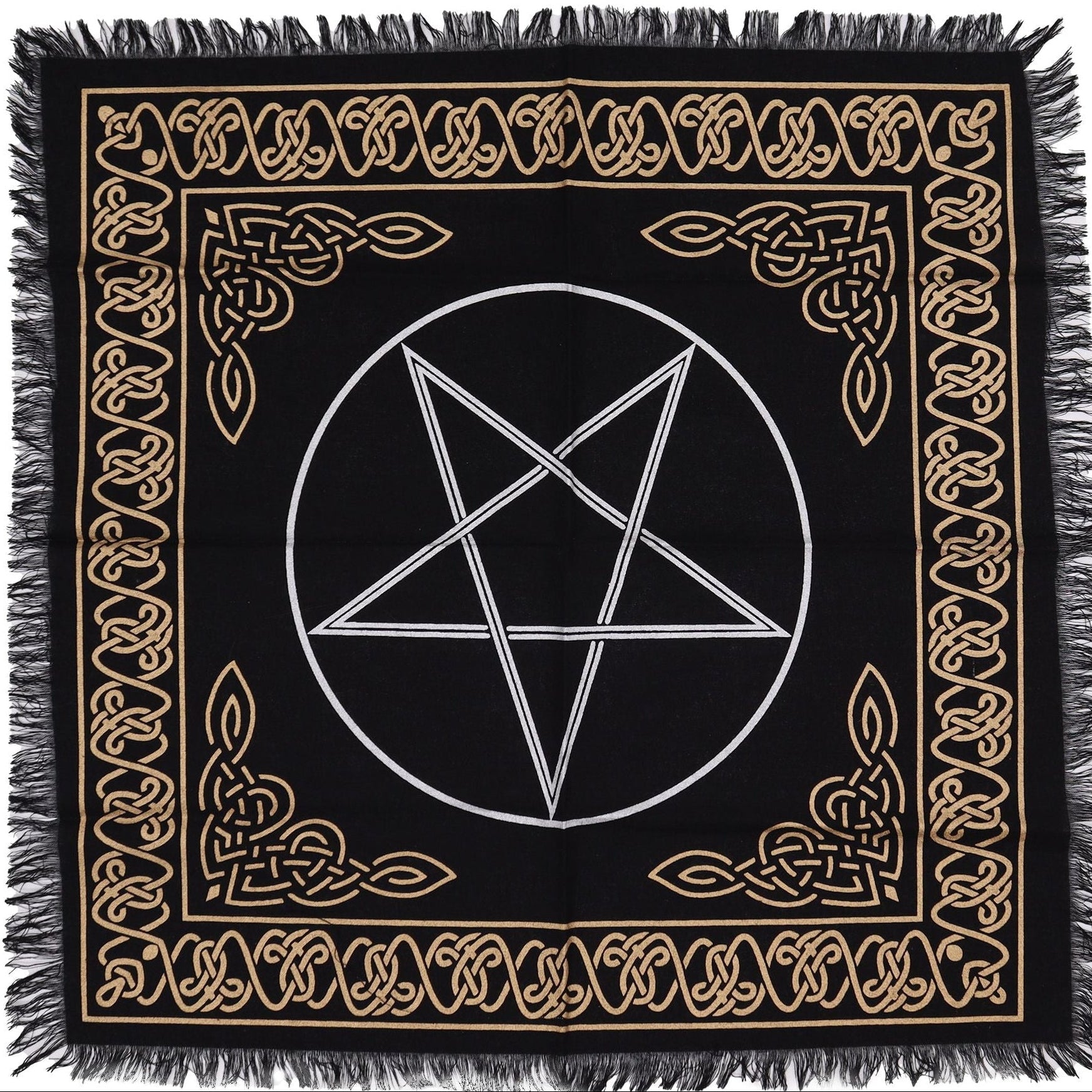 Black cloth with gold border and white pentagram symbol