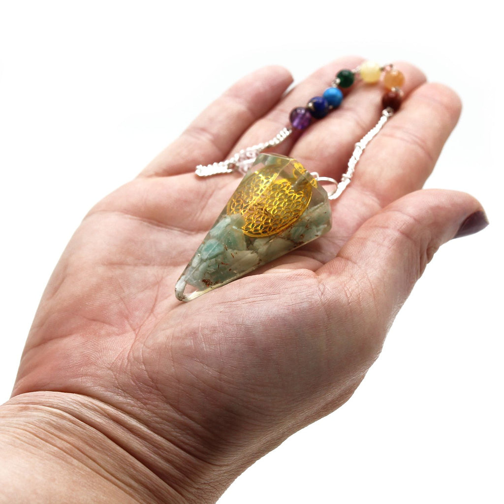 Hand holding a pendant with a white background