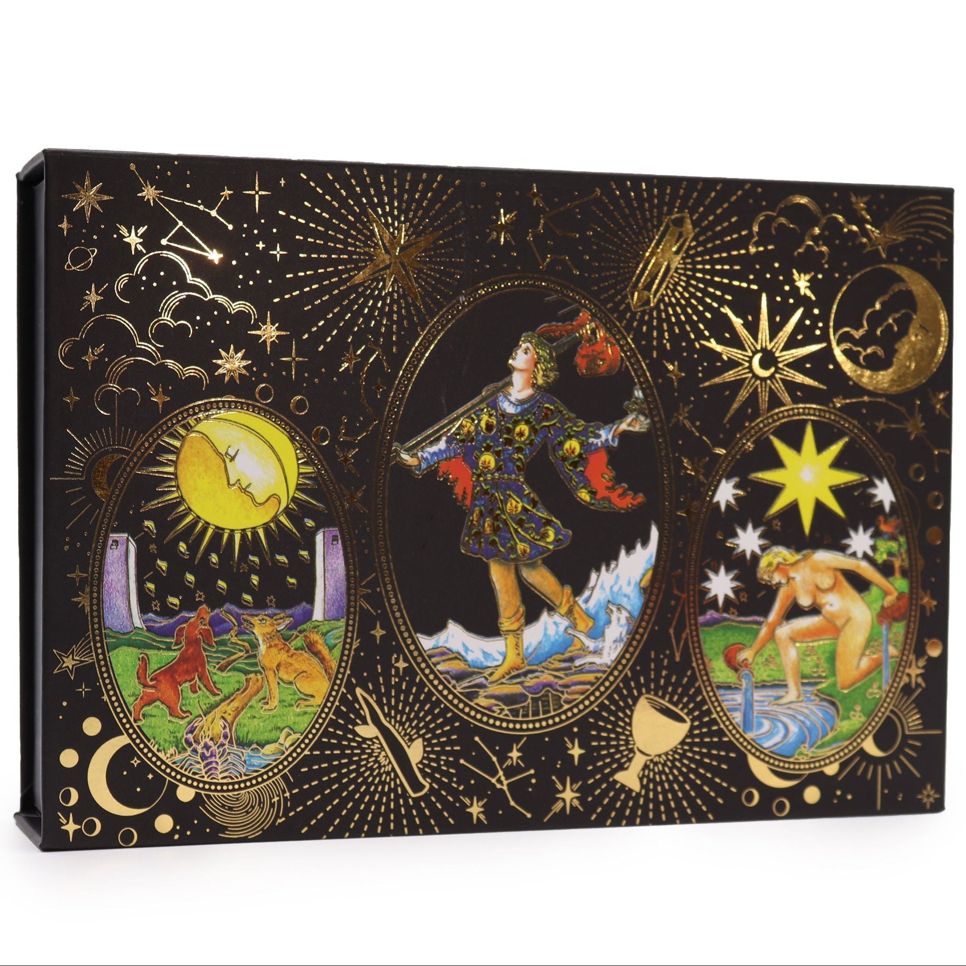 Decorative box with astrological designs and figures on a black background