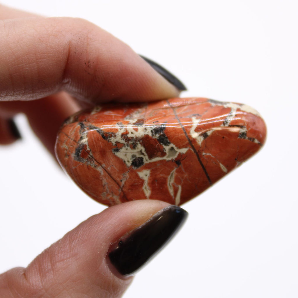 Hand holding a red jasper stone with white and black patterns on a white background