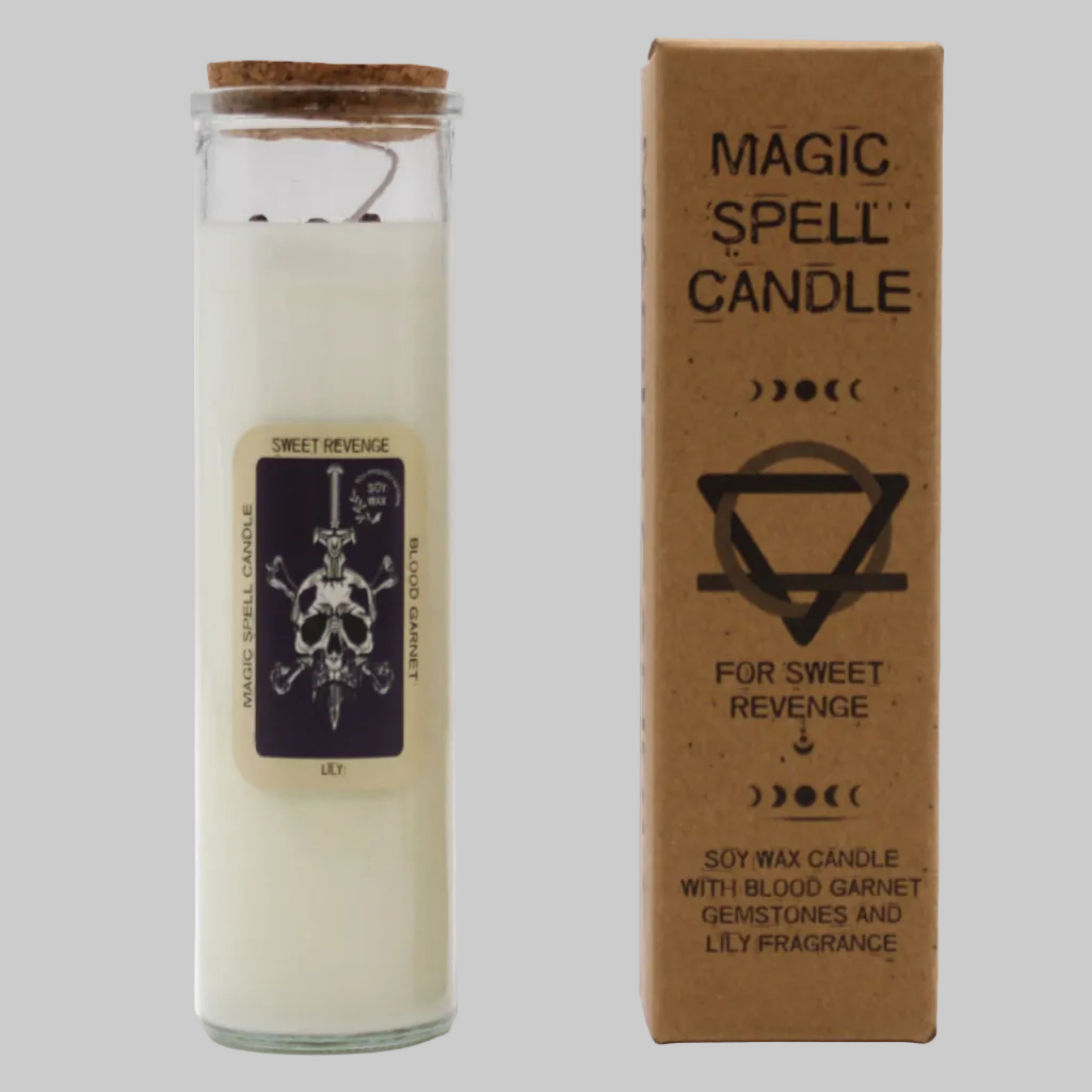 Magic spell candle with label and packaging on a white background
