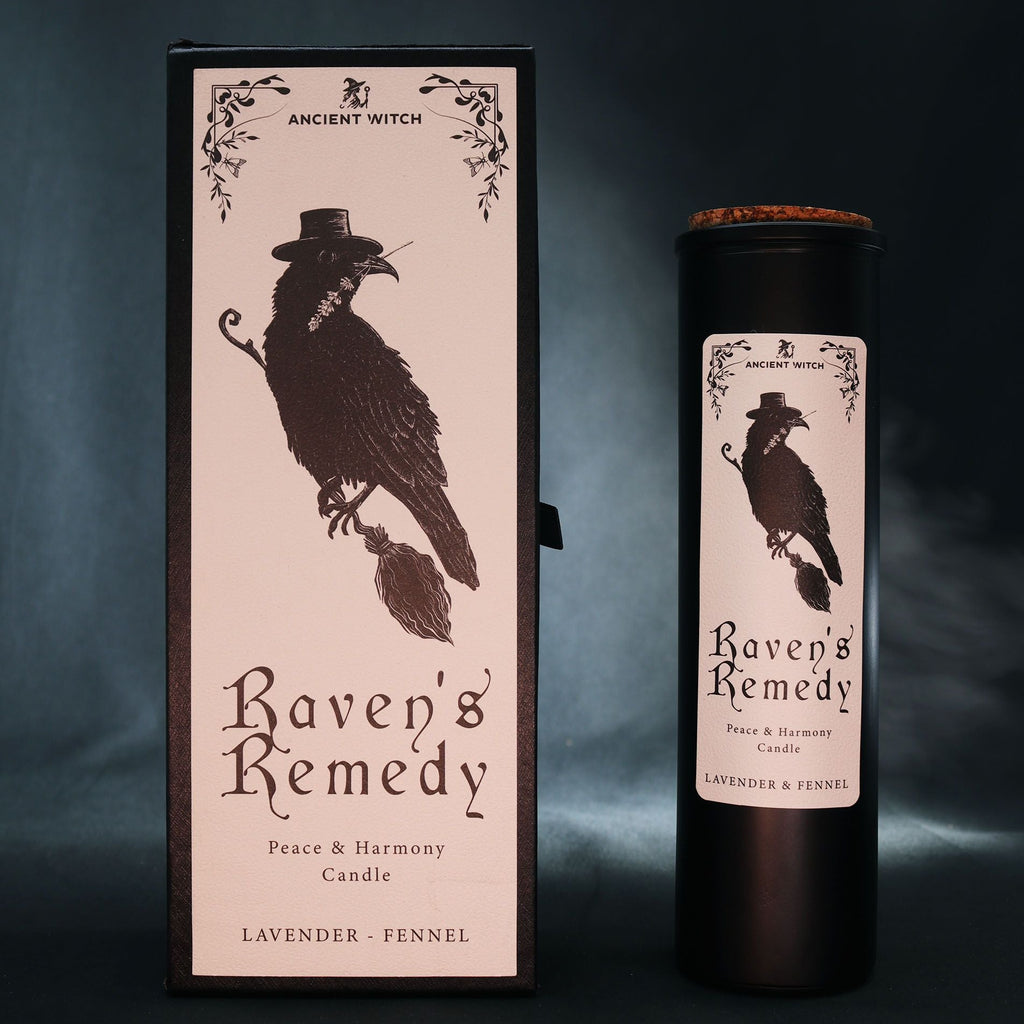 Candle packaging with 'Raven's Remedy' design featuring a crow and text on a dark background.