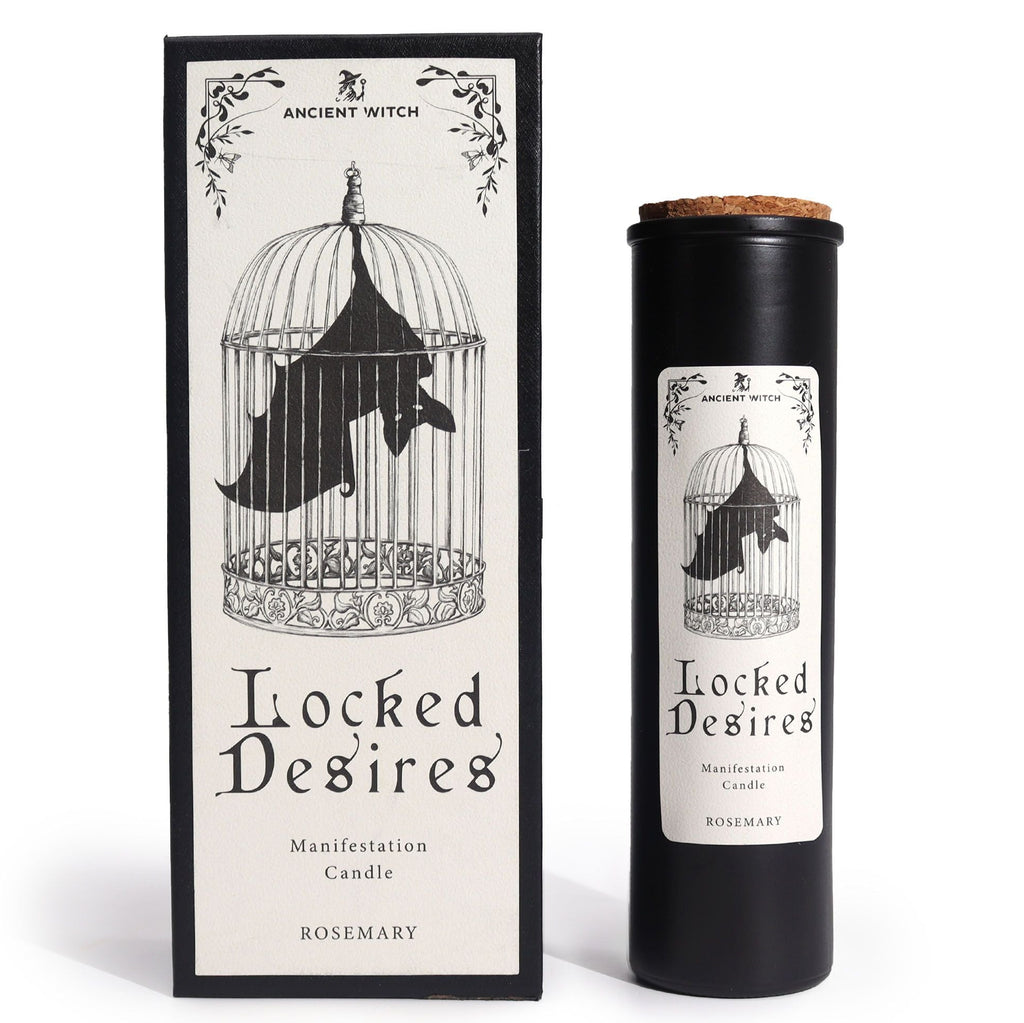 Manifestation candle labeled 'Locked Desires' with packaging featuring a bird in a cage illustration.
