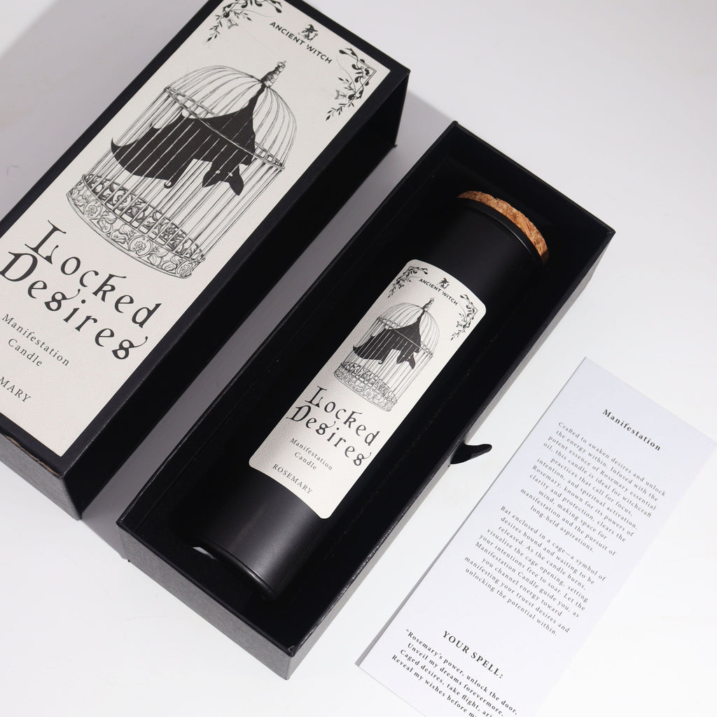 Black candle in a decorative box with 'Locked Desires' branding on a white background